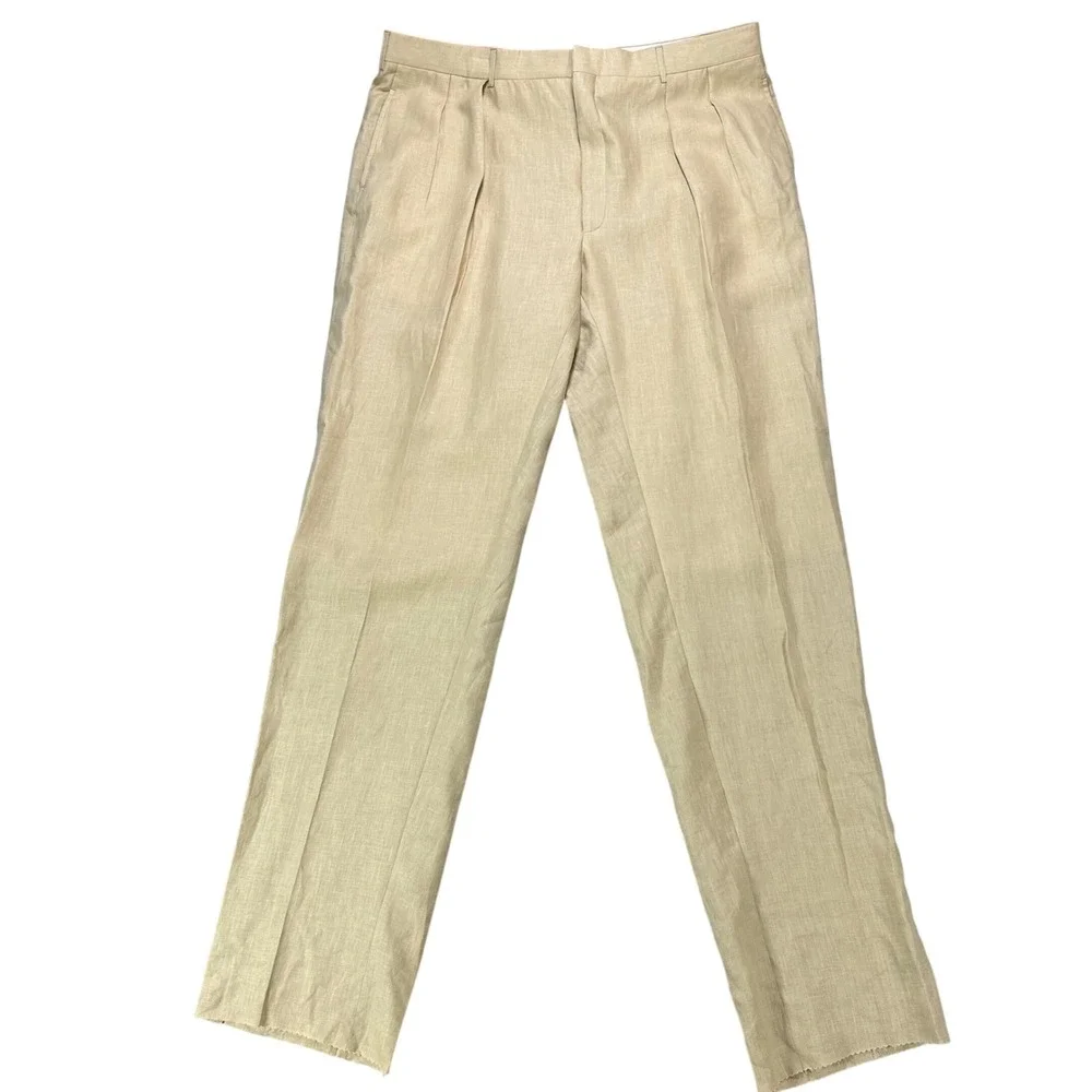 Polo Ralph Lauren Trousers Dalton Mens 42 Tan Flax Linen Old Money Made in Italy